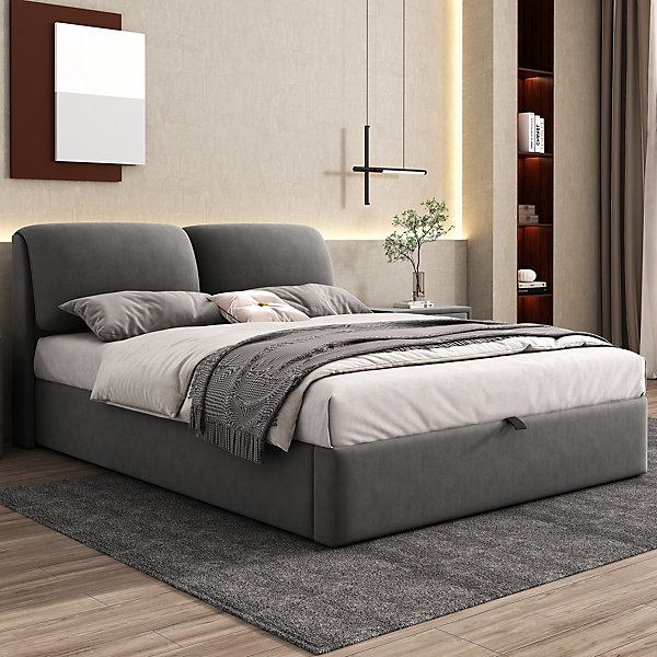 Lit coffre 140x190 cm - lit double capitonné élégant en velours avec 3 tiroirs et rangement hydraulique - gris - sans matelas