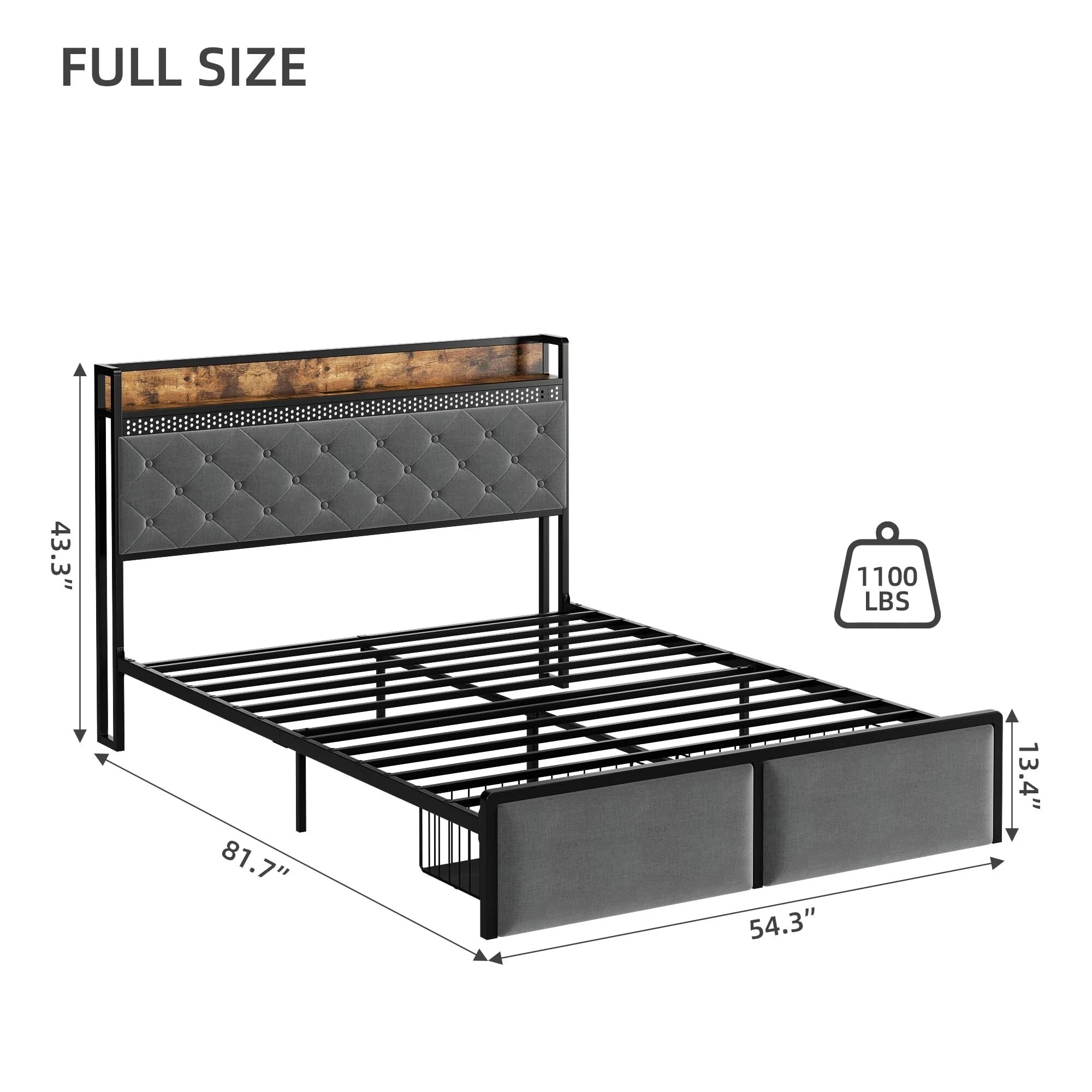 Bed Frame with Storage Headboard and 2 Drawers