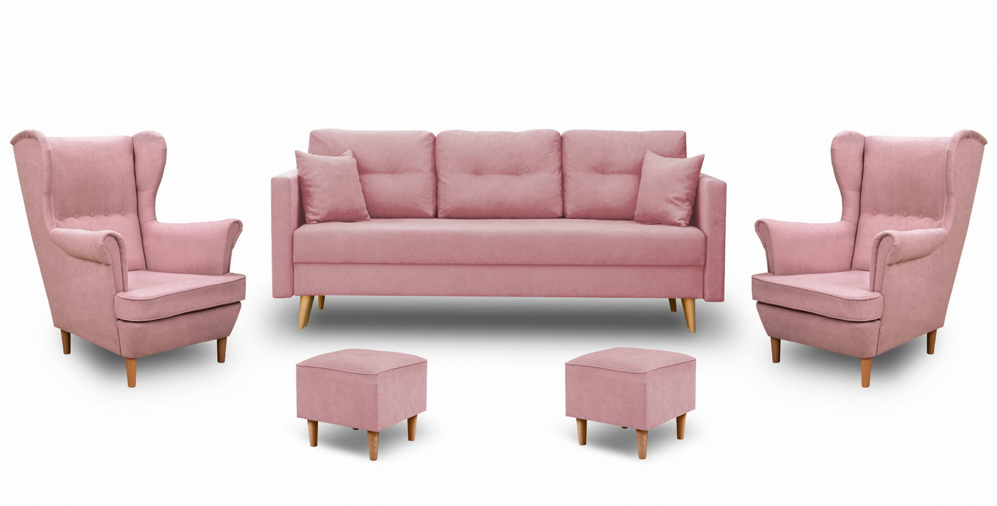 Zestaw skandynawski sofa 2xfotel 2xpodnóżek Różowy
