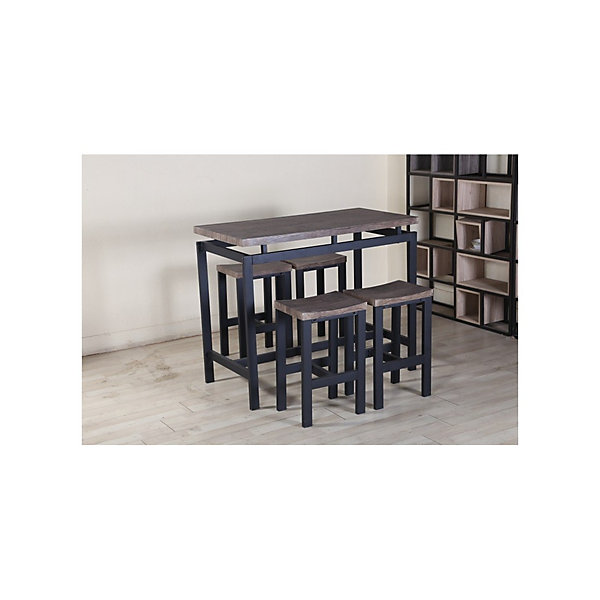 Ensemble table haute, bar et 4 tabourets NIMES. Set moderne type industriel, bois et métal.