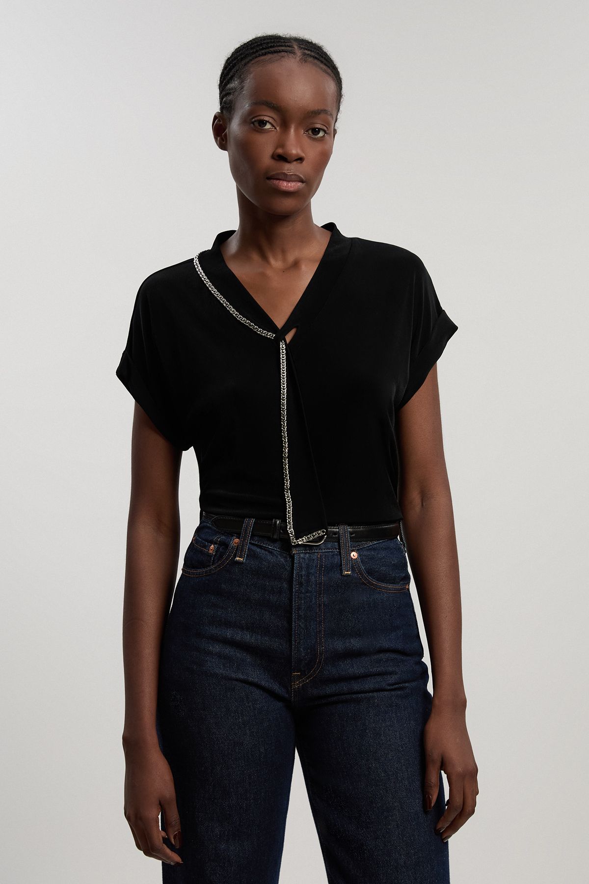 KarenMillen Jersey Crepe V Neck Trim Detail T - Shirt