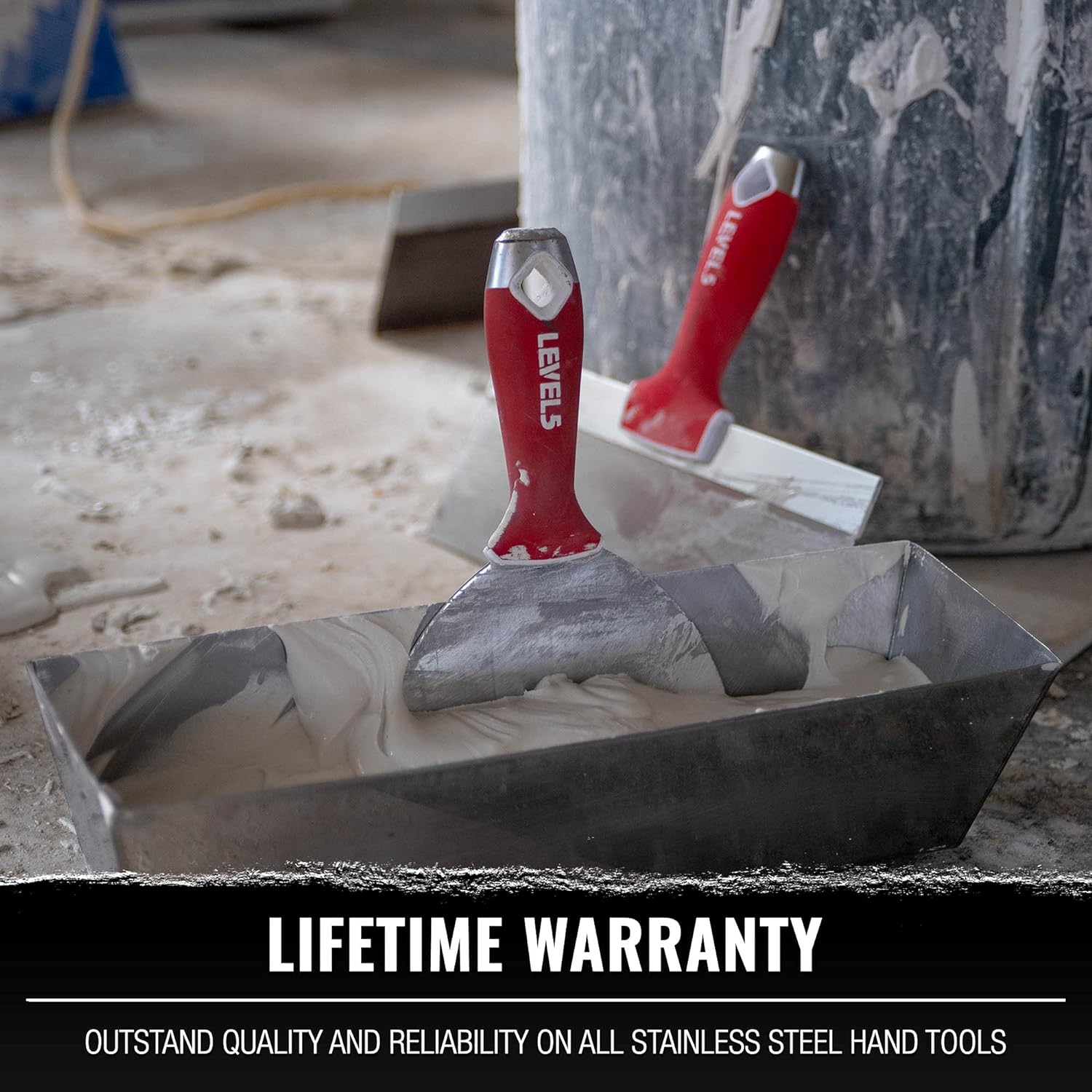 LEVEL5 Drywall Finishing Hand Tool Kit | 5, 6 Inch Joint Knives, 10, 12 Inch Taping Knives, 14 Inch Mud Pan | Stainless Steel Blades, Soft Grip Handles | Sheetrock Gyprock Plasterboard | 5-600