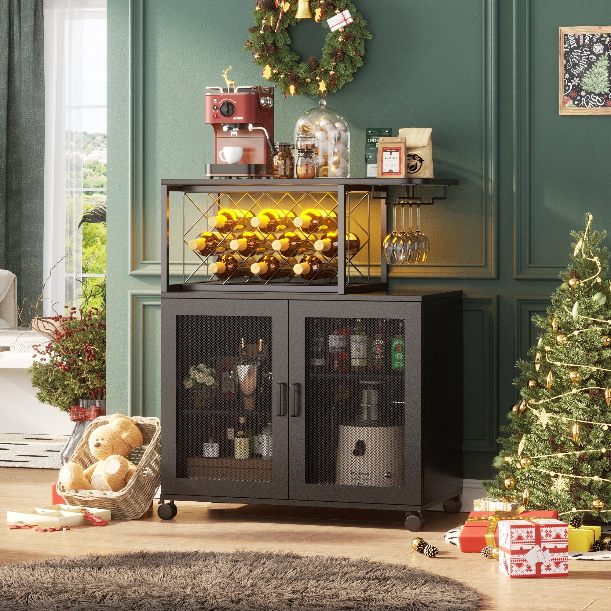 Bar Cart with Charge Station and LED Light, Rolling Home Bar Liquor Cabinet - 31.5'' W