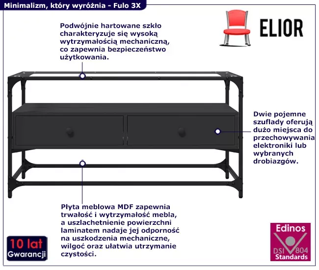 Czarna szafka pod TV ze szklanym blatem - Tiro