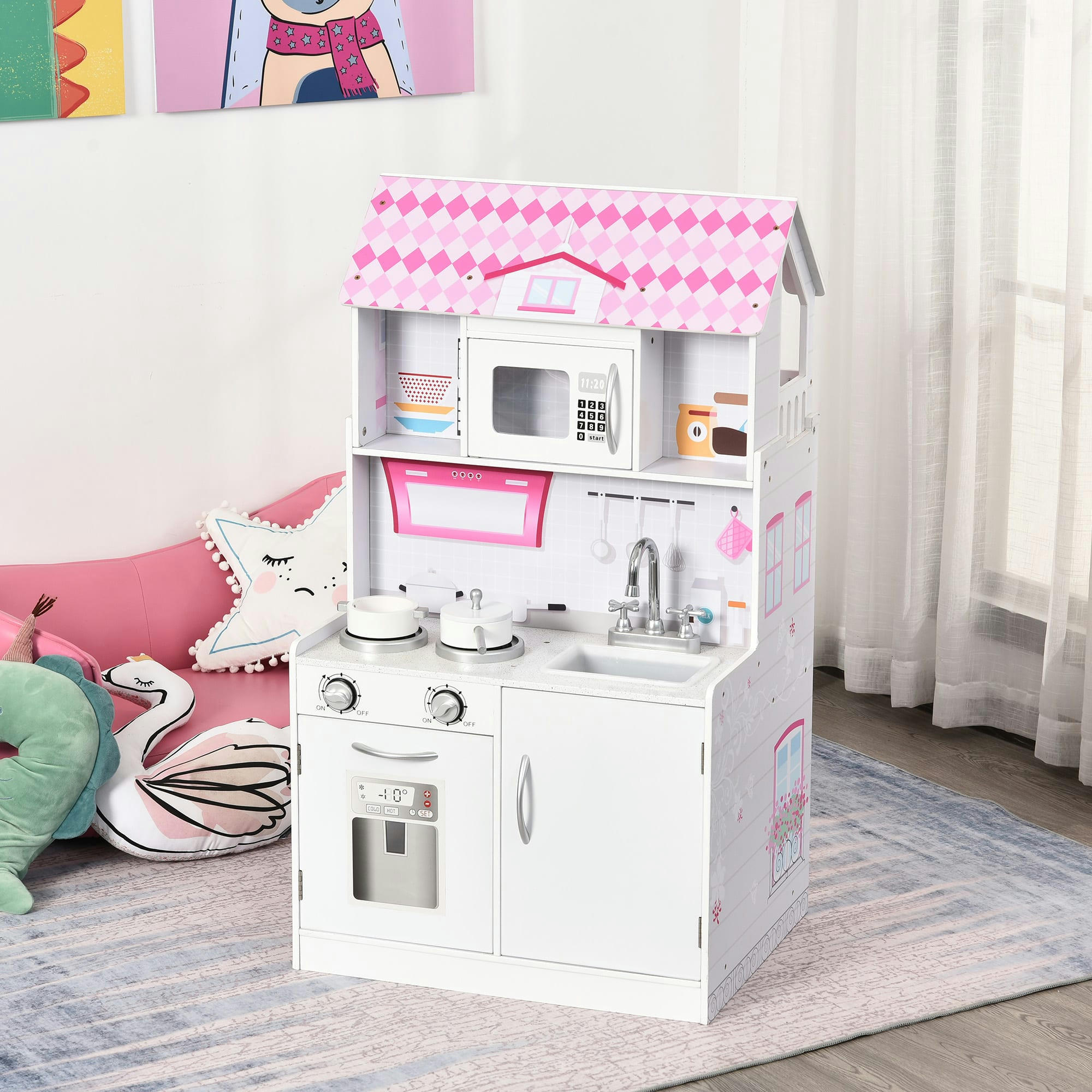 - Maison de poupée cuisine enfant 2 en 1 jeu d'imitation rose blanc