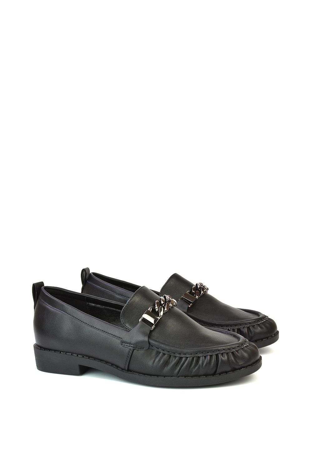 XY London Heidi' Black Loafers with Chain Detail Slip On Casual