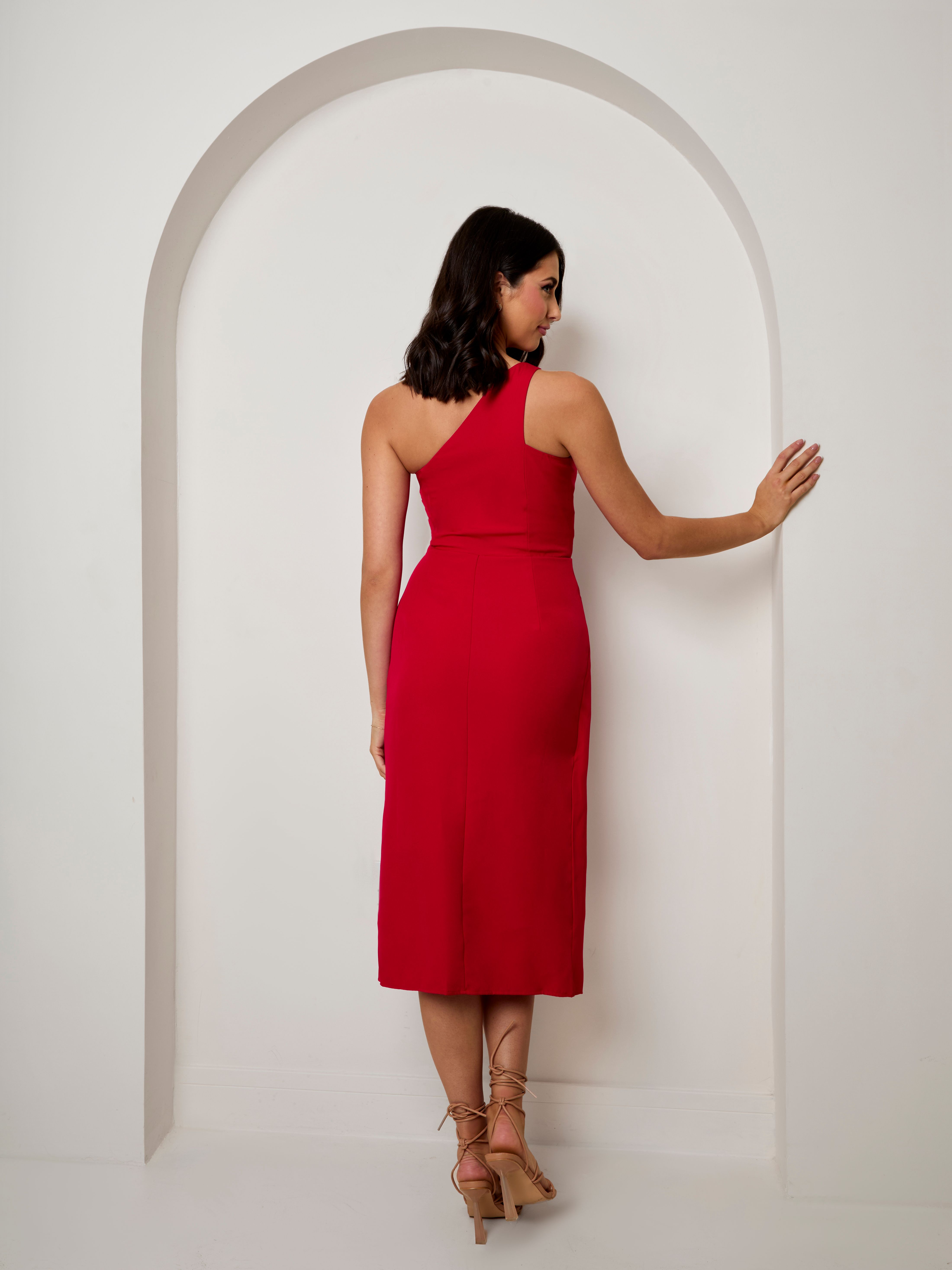 Chi Chi London One Shoulder Split Detail Midi Dress in Red