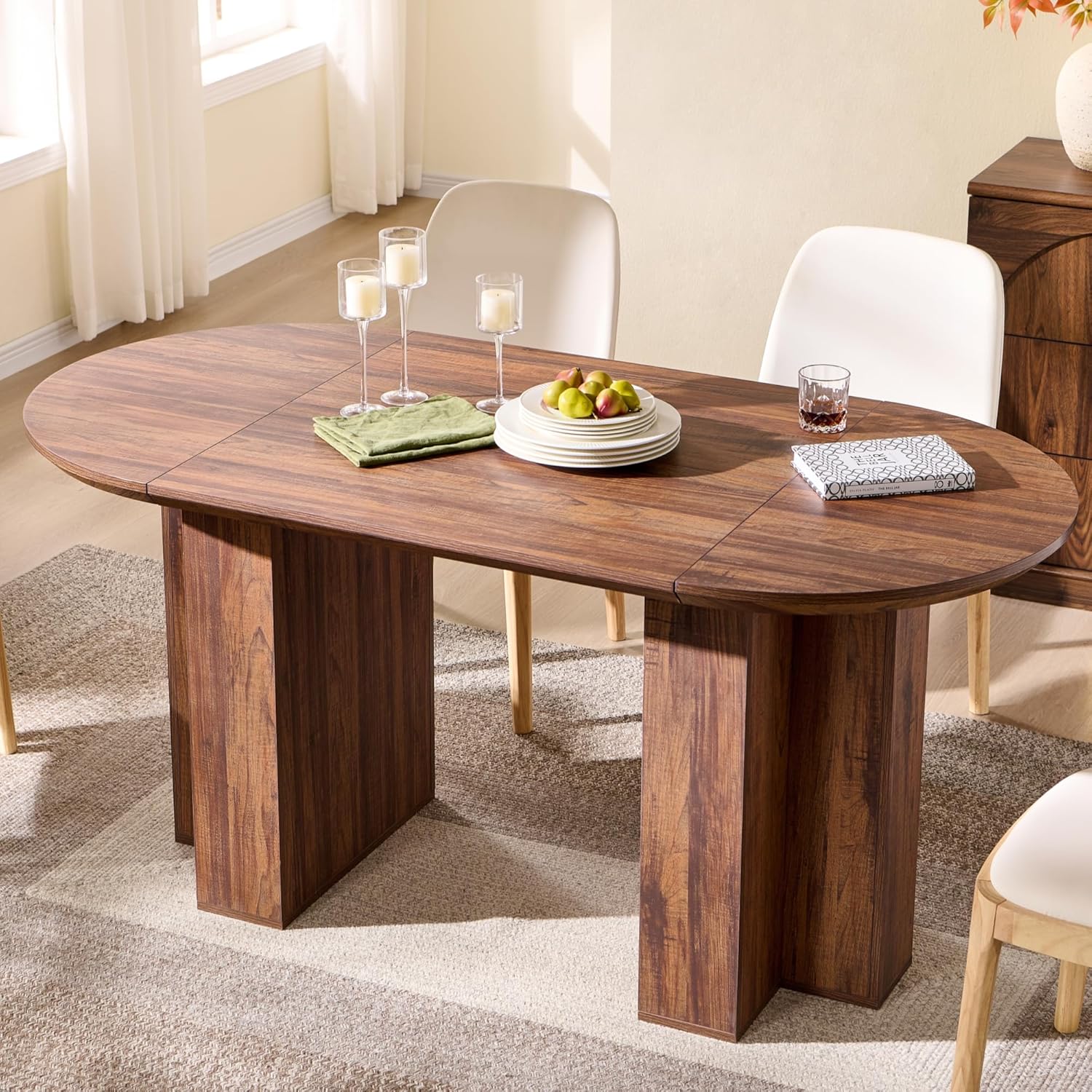 OKD 63 Inch Modern Wood Oval Dining Table for 4-6, Dining Room Table with Stable T-Shaped Base & Metal Frame & Thick Tabletop, Sturdy Kitchen Table for Dinner Room, Kitchen, Rustic Walnut