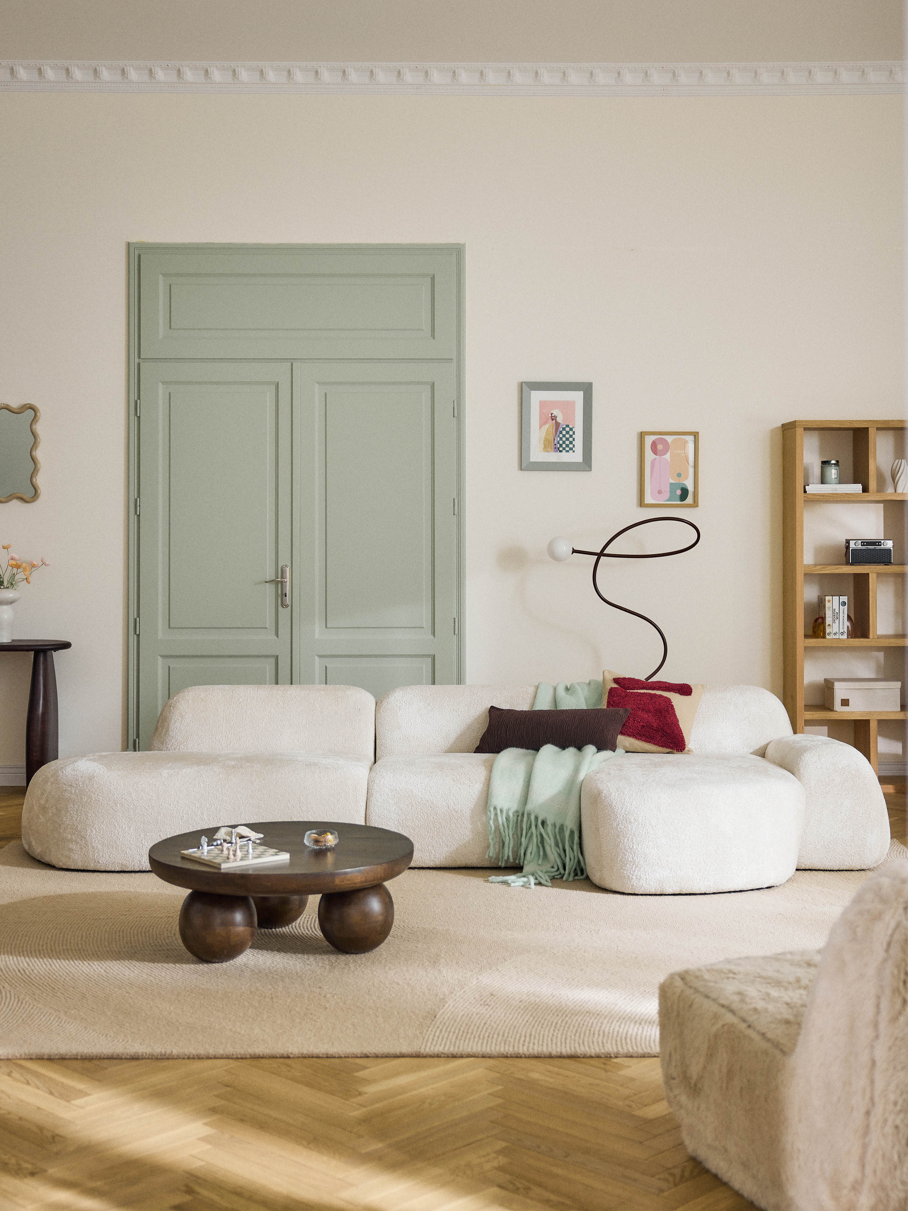 Modulares Ecksofa Wolke (4-Sitzer) aus Teddy-Bouclé mit Chaiselongue