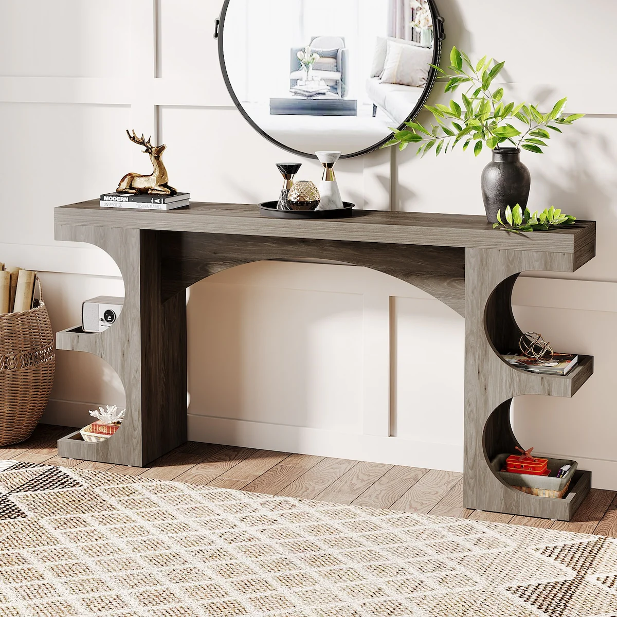 55 Wood Sofa Console Table with Storage Shelves for Living Room Entryway