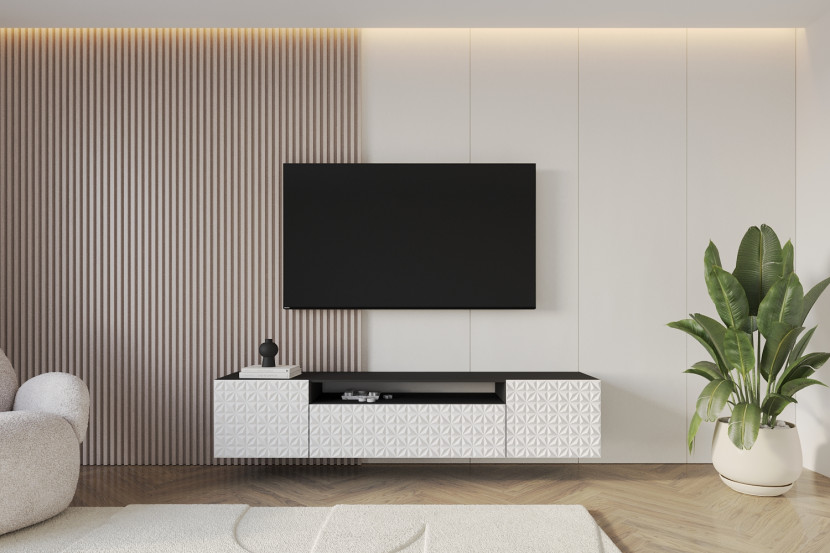 Szafka RTV z frezowanymi frontami wisząca VIRA-W - 200x40x41 cm - Biały