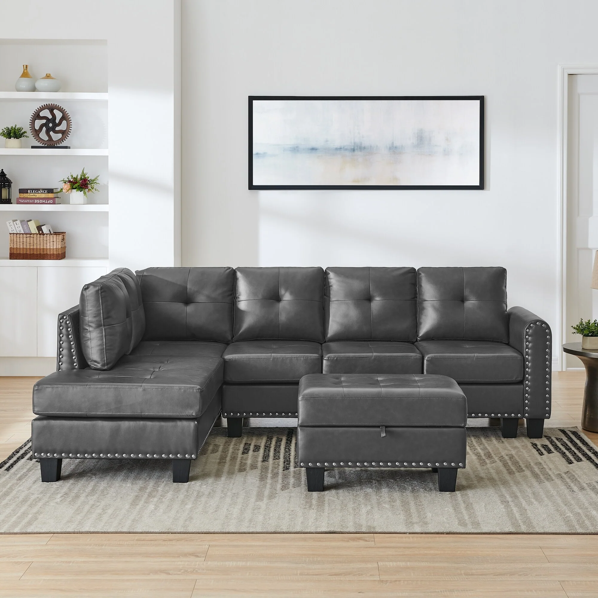 99.25'' PU Leather 6 Seater Sectional Sofa with Reversible Recliner, Storage Ottoman, and Wood Grain Cup Holder