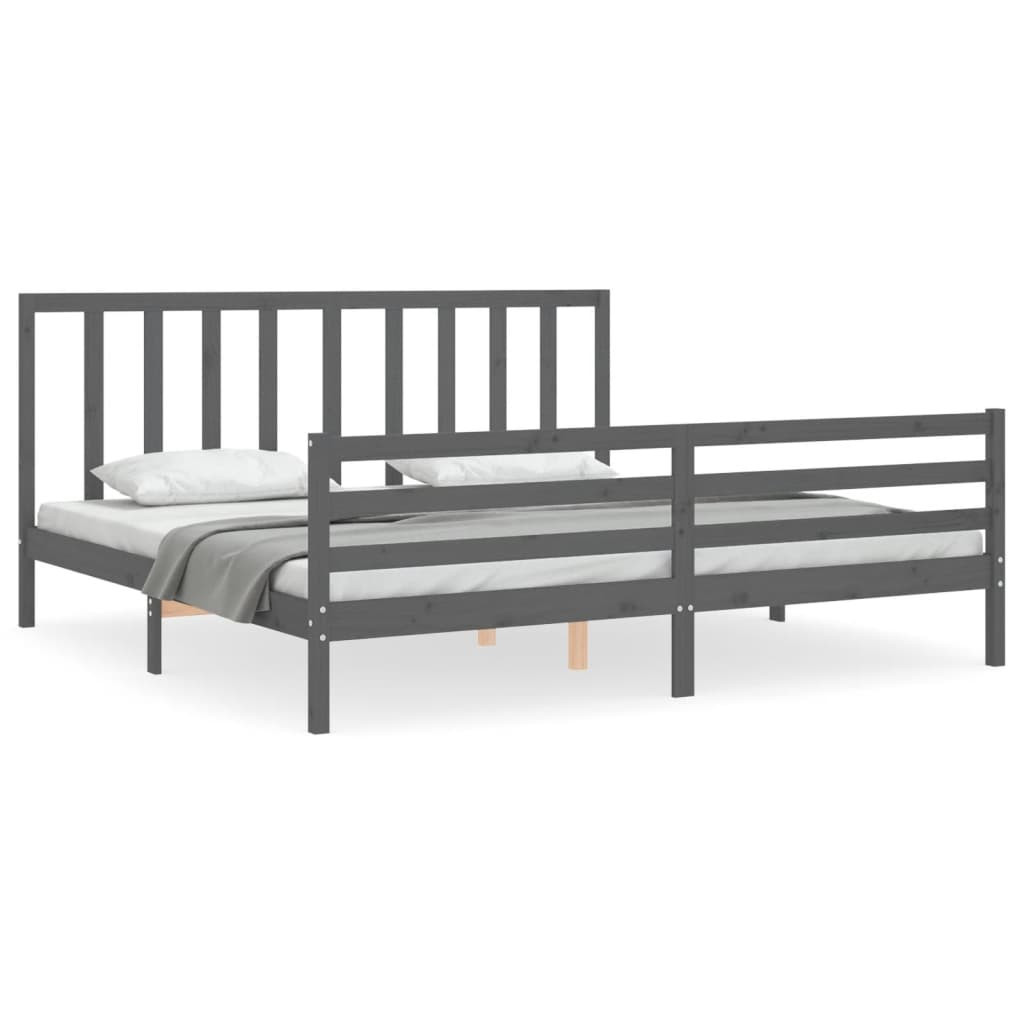 Rama łóżka z wezgłowiem szara 200x200 cm lite drewno