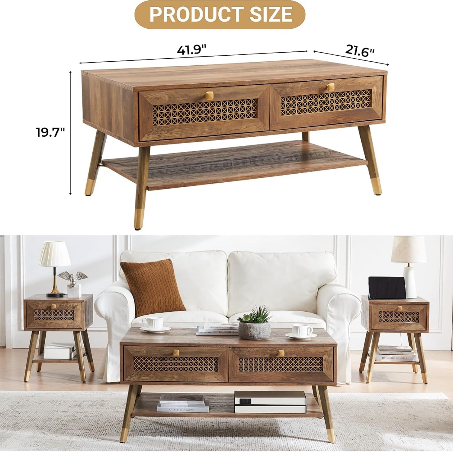 Mid Century Modern Coffee Table with Storage Drawers & Open Shelf, Solid Wooden Boho Rectangle Table with Metal Legs Designed for Living Room, Office, Lounge. Rustic Oak Color with Golden Decor
