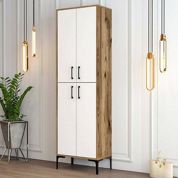 Meuble à chaussures Mimosa, Meuble à chaussures, Armoire d'entrée polyvalente, 60x35h200 cm, Noyer et Blanc