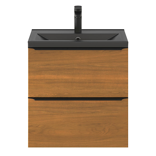 Meuble vasque suspendu faible profondeur effet noyer l.60 cm Imandra   plan vasque noir céramique Nira, GoodHome