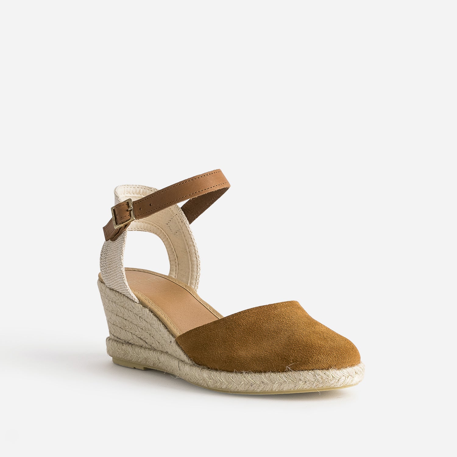 Espadrille compensée camel cuir velours éco-conçu