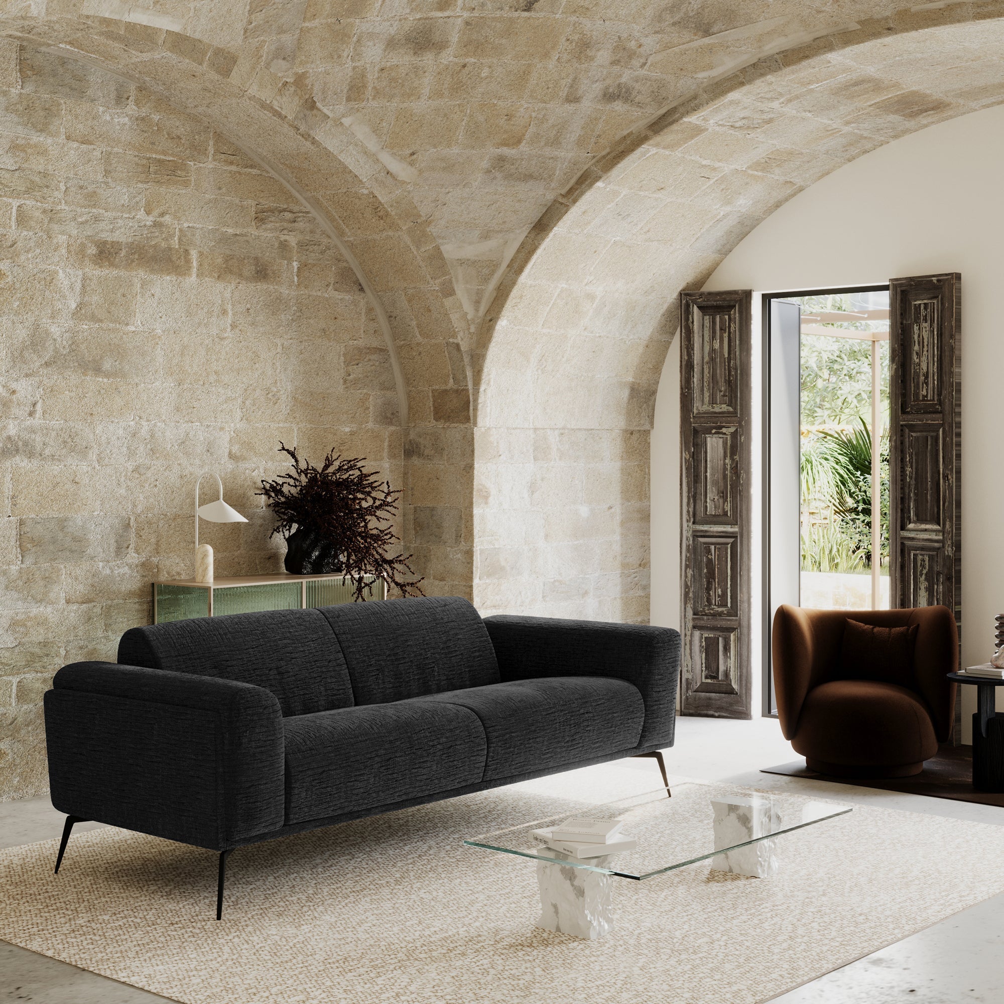 Rechte bank SWANN 3 personen Fluweel met structuur Donker antraciet