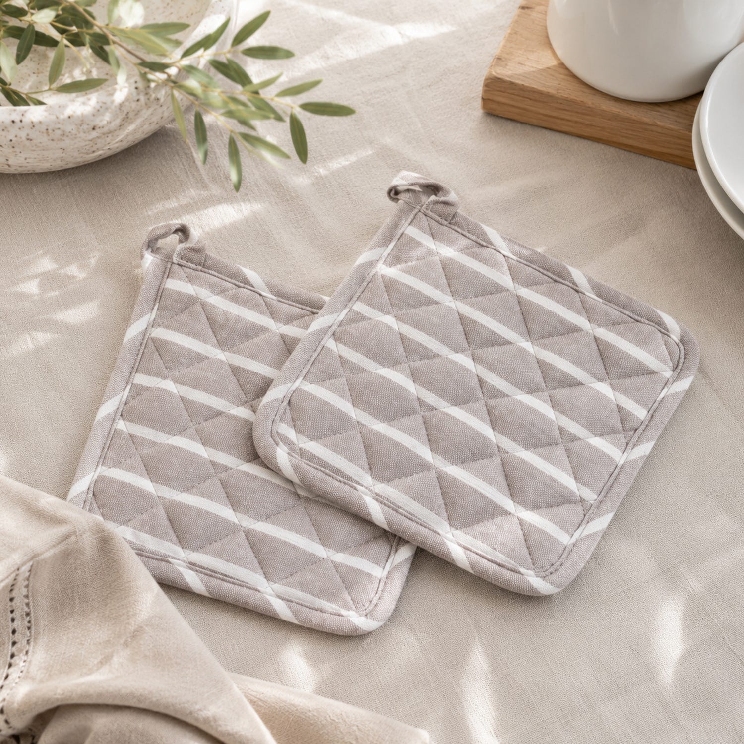 Set 2 presine 18x18 cm tinto filo righe chiare