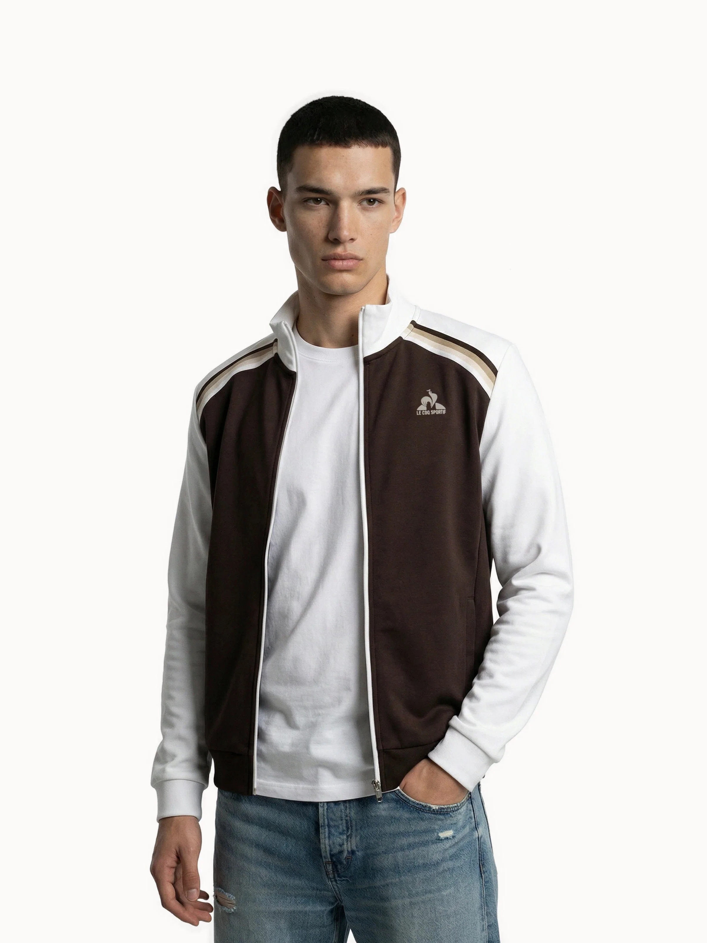 Veste zippée double face bicolore et bandes épaules tricotées