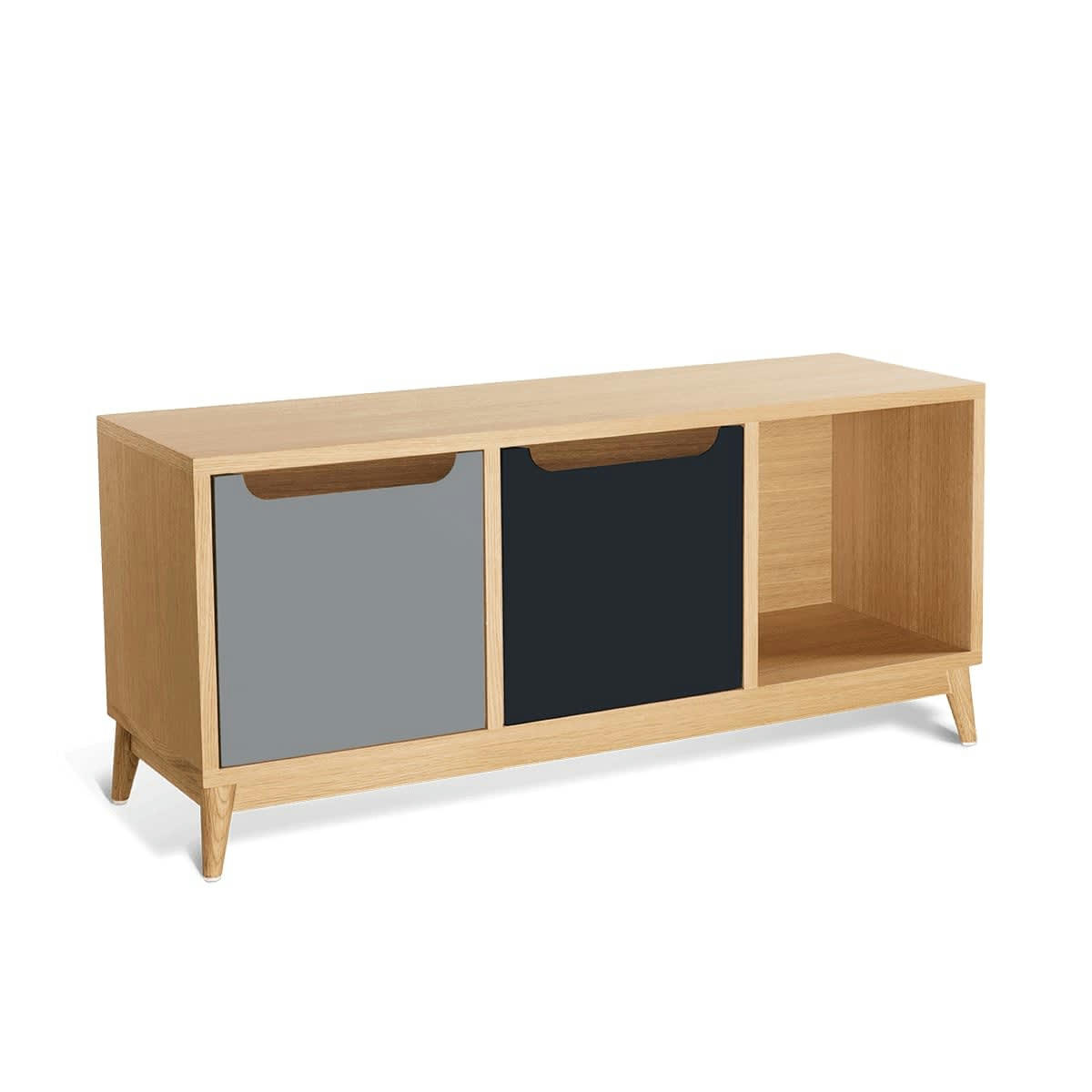 KILT - Meuble bas, 2 portes, 1 niche de rangement, chêne et bicilore gris.