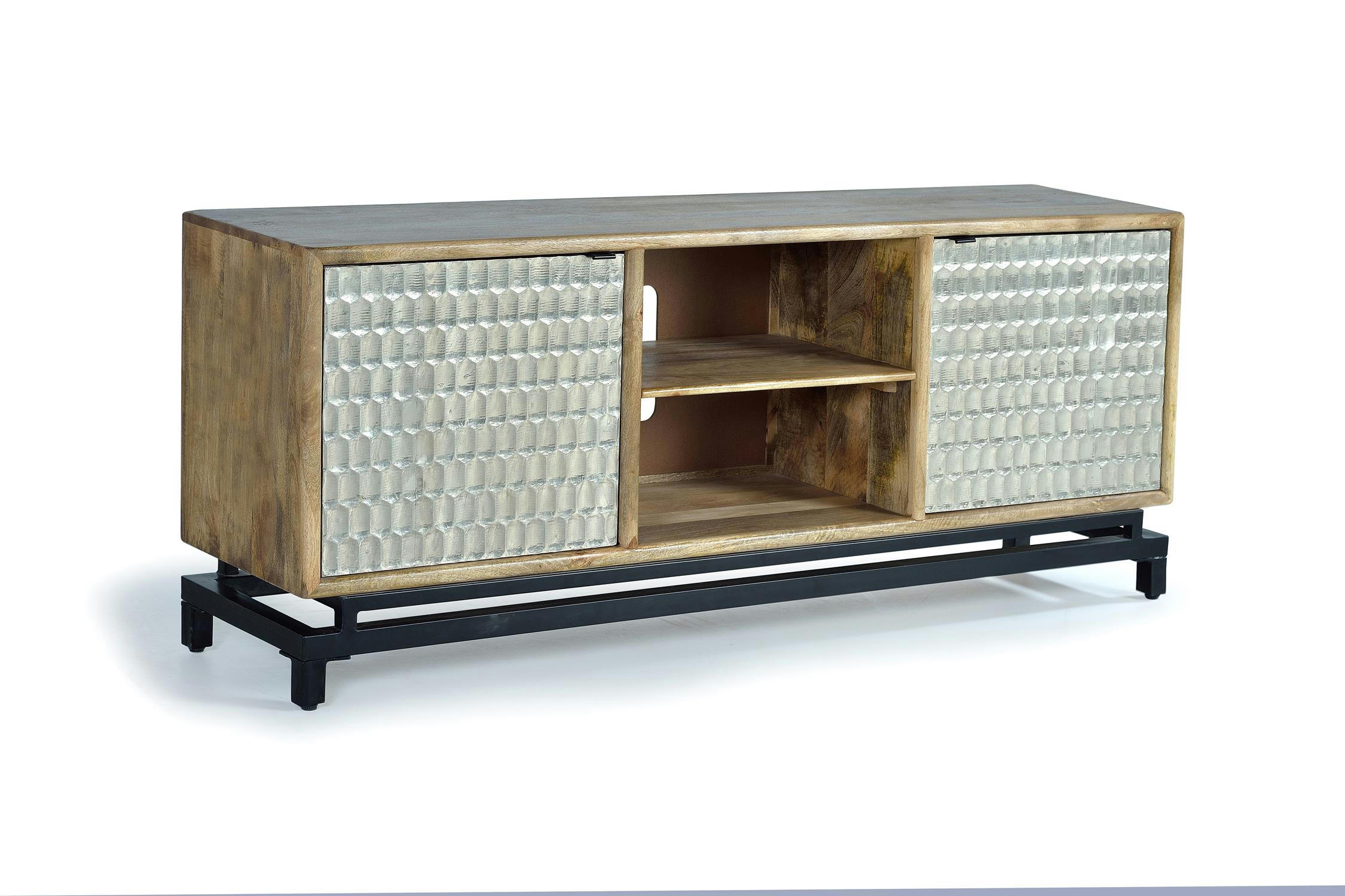 - Meuble tv en bois de manguier et feuille de cuivre sculptée