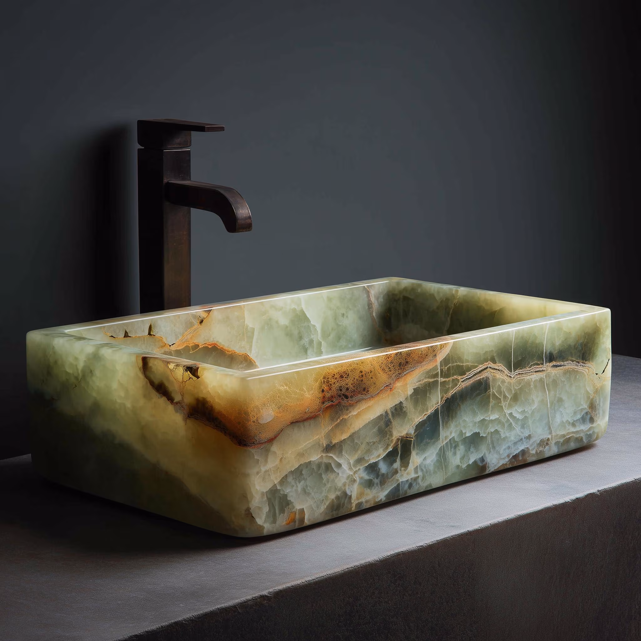 Handmade Green Onyx Rectangular Vessel Sink | 14 Inch Natural Stone Bathroom Basin