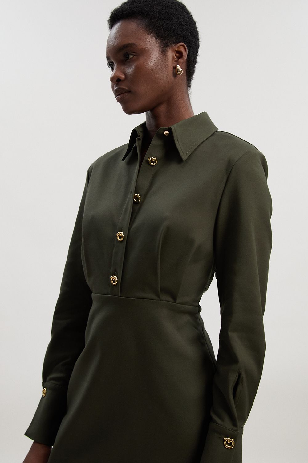 KarenMillen Techno Cotton With Gold Hardware Detail Collared Woven Mini Dress