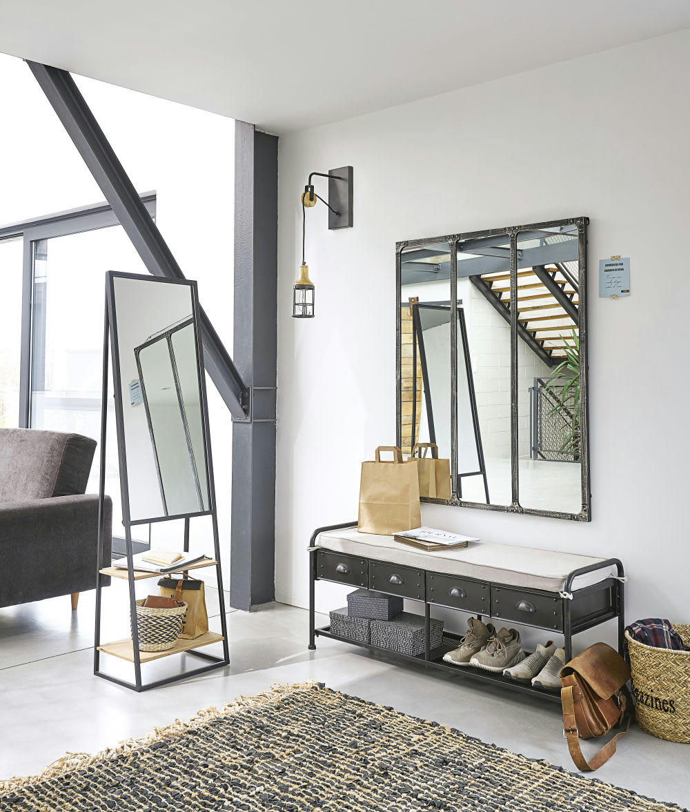 Wesley - Banc industriel en métal et coton noir effet vieilli L126