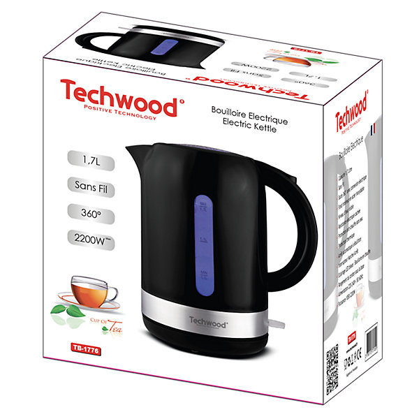 Bouilloire 2200 W, 1.7 L, Noire Techwood TB-1776 - Socle 360 degrés avec connexion électrique