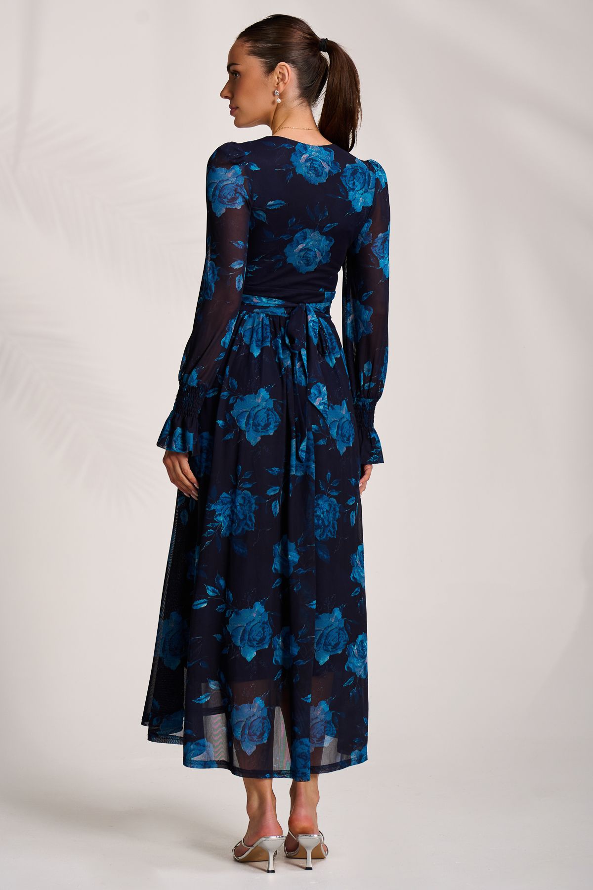 Jolie Moi Long Sleeve V Neck Mesh Maxi Dress