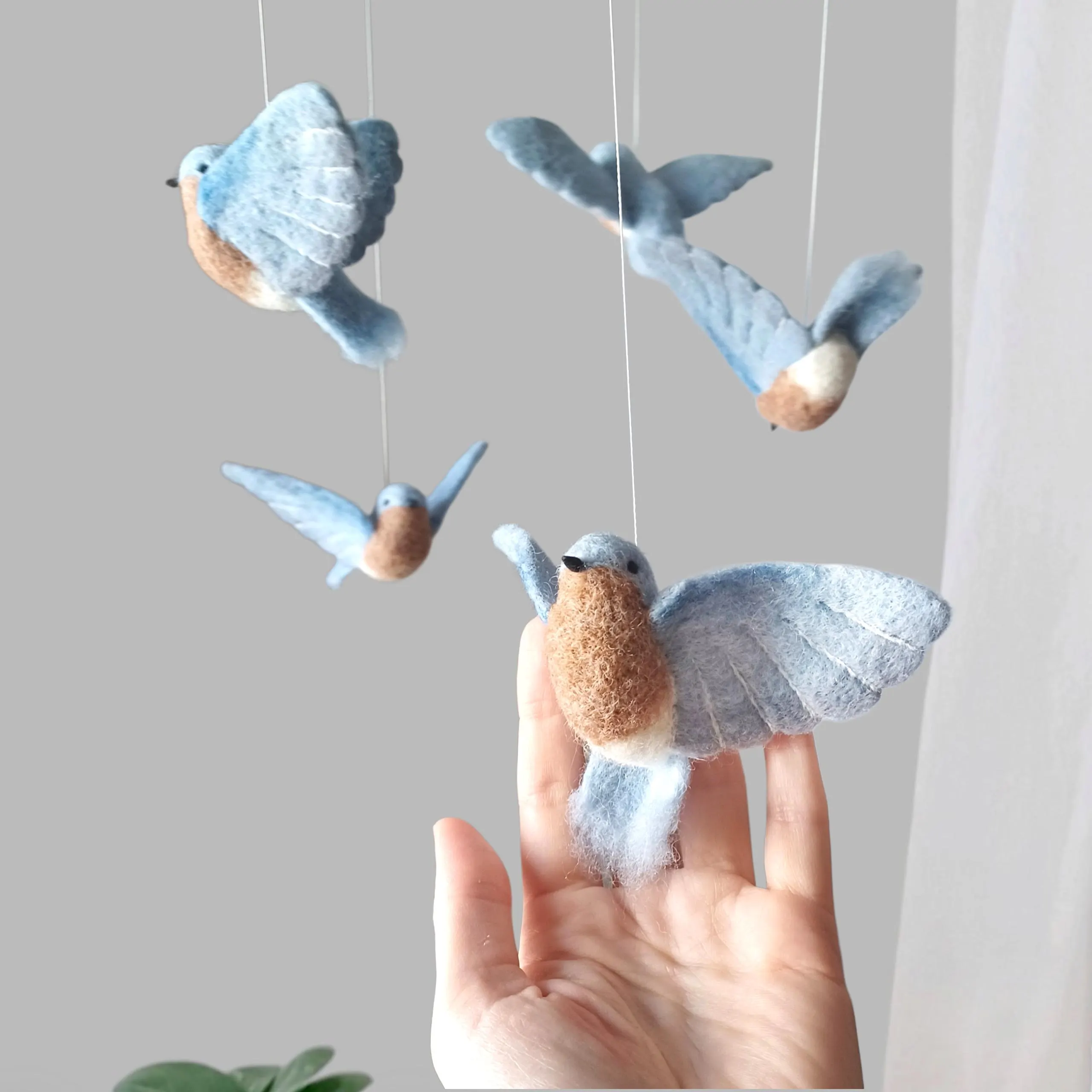 Bluebird baby mobile nursery Felted blue birds mobile crib Nature boy room decor