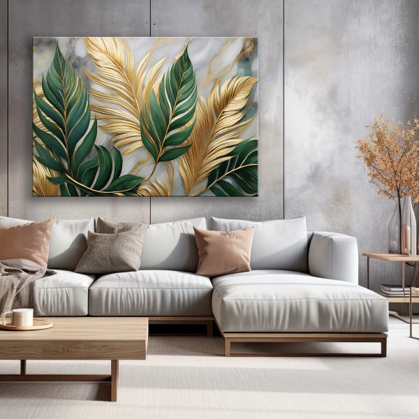 Feeby Obraz na płótnie, Liście Botanika Glamour Marmur Złoty 60x40