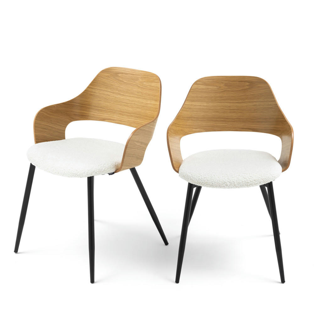 NICOLE - Lot de 2 fauteuils de table en tissu bouclette, bois et métal blanc