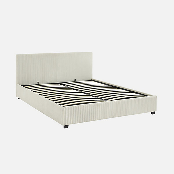 Lit coffre avec sommier à lattes et tête de lit. finition velours côtelé blanc. L 211 x P 168 x H 86cm