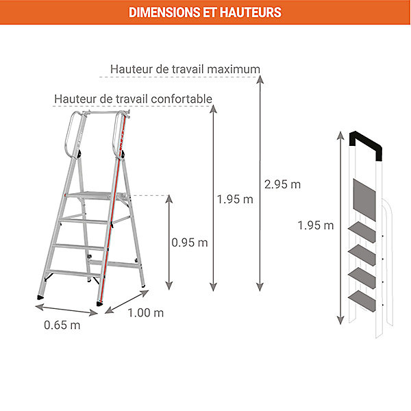 Escabeau 4 marches grande plateforme - Hauteur max. de travail 2.95m - 8080/04