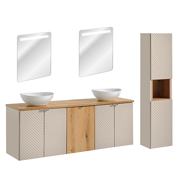 Ensemble meuble double vasque 160cm 4 portes panier à linge miroirs LED et colonne Manoa Cachemire et Bois