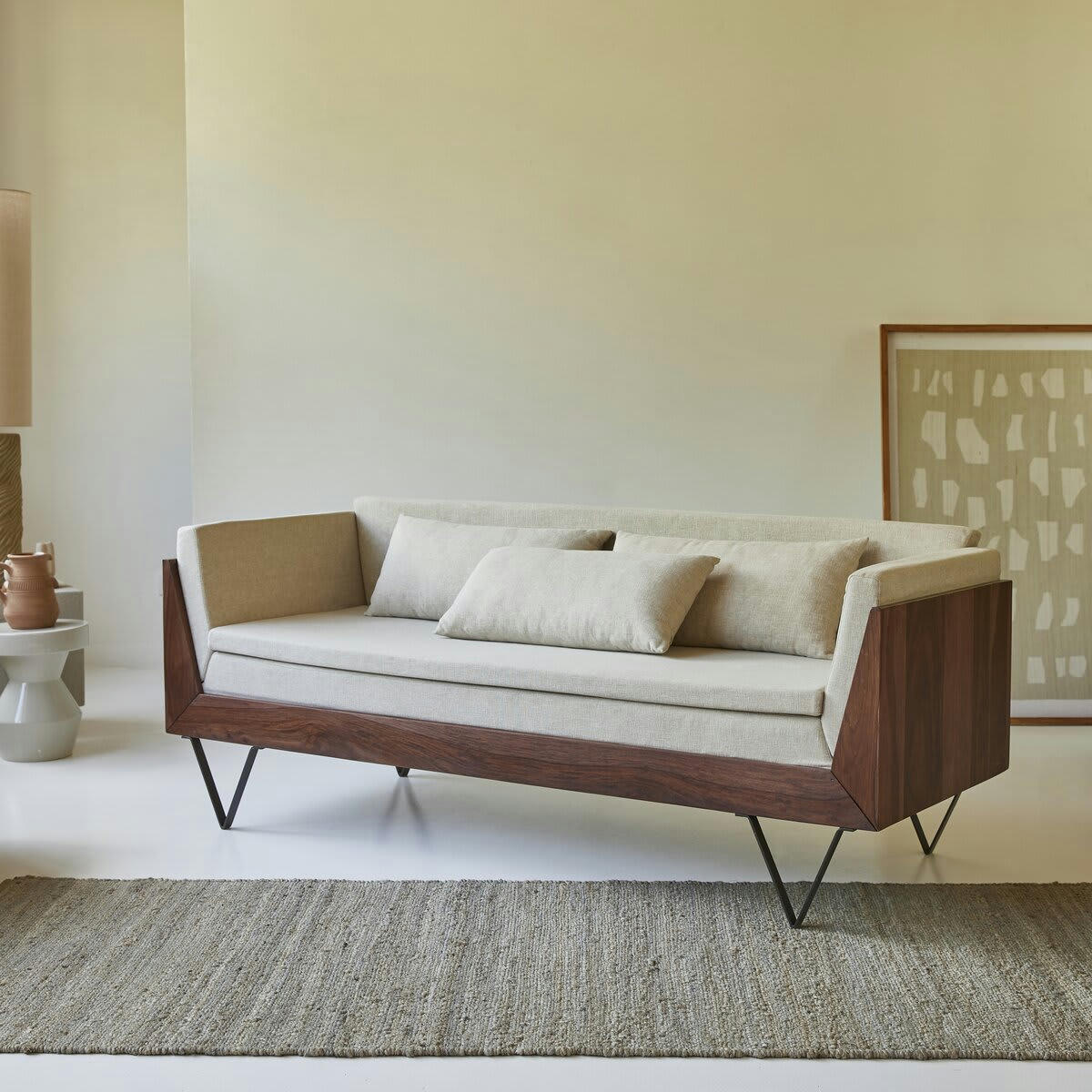 METRIC - Canapé en palissandre massif et tissu, 3 places