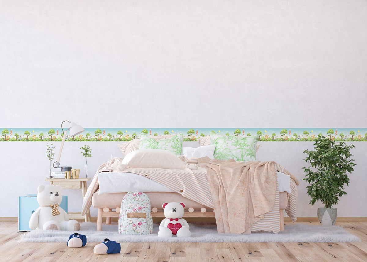 Sanders & Sanders zelfklevende behangrand bos met bosdieren groen en blauw - 500 x 9.7 cm - 601301