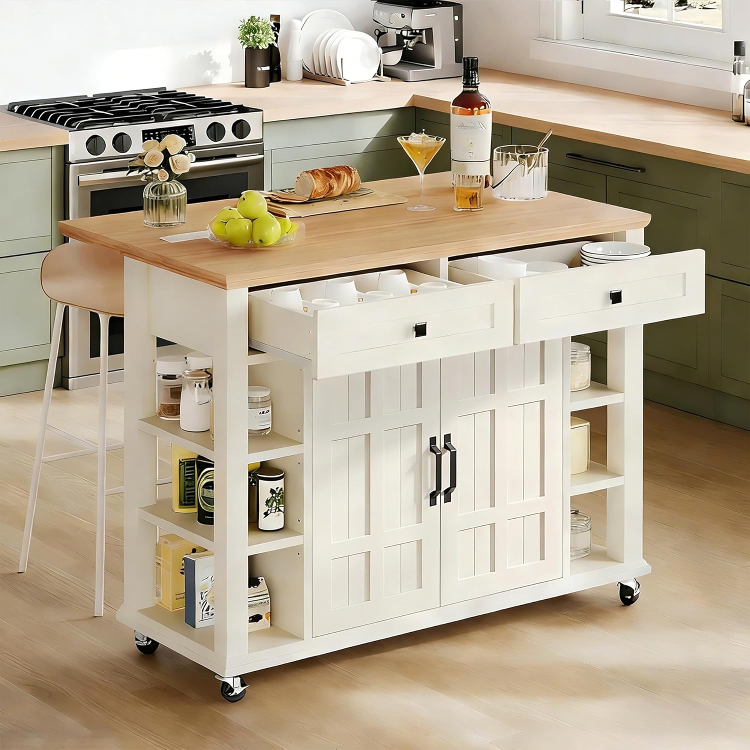 YITAHOME Kitchen Island with Drop Leaf, Mobile Storage Island with Power Outlet, Americana Rolling Kitchen Carts with Storage Shelves and Drawers, Island Table on Wheels for Dining Room, Beige