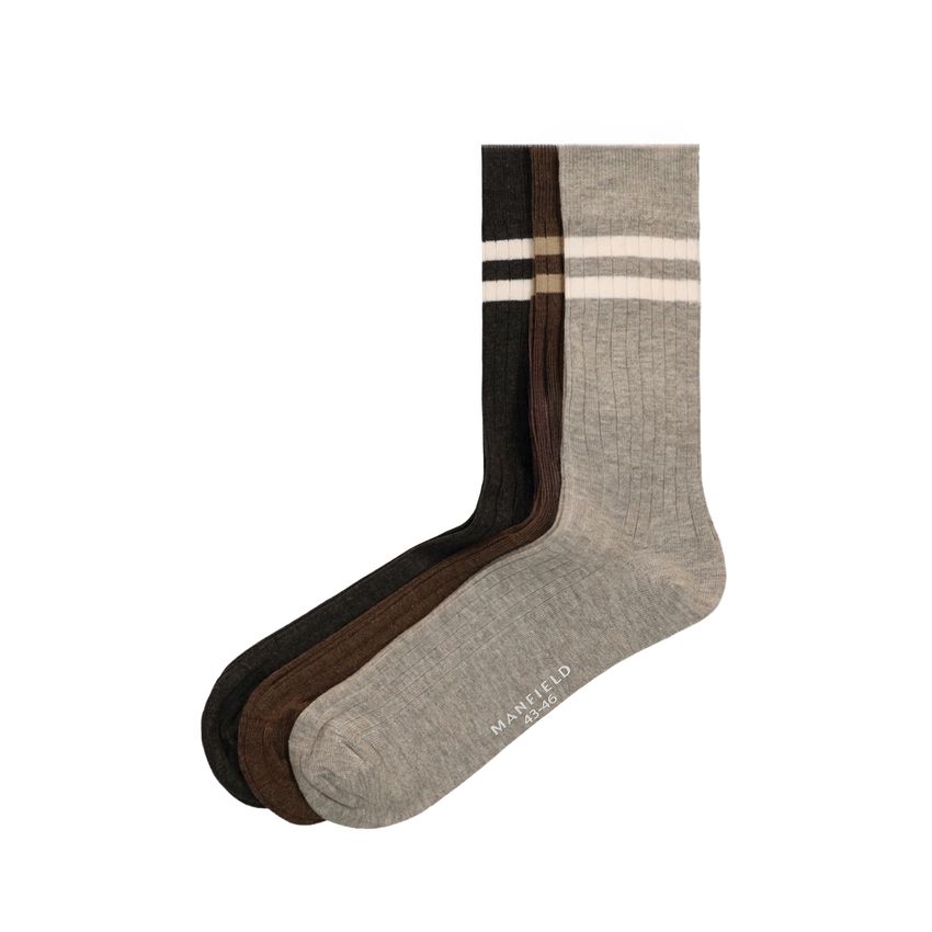 Manfield Grijze en bruine gestreepte 3-pack sokken