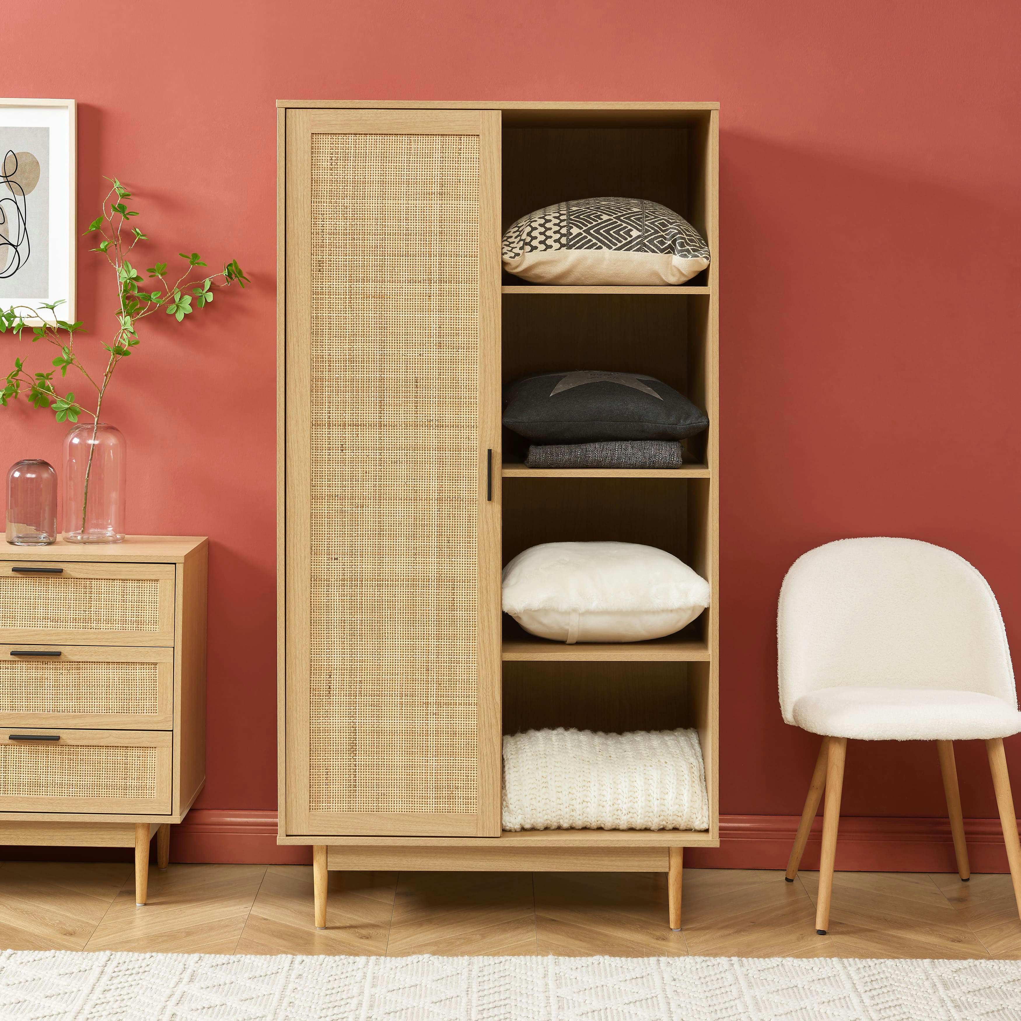 AMANA - Armoire  effet chêne et cannage rotin 1 porte h170 cm