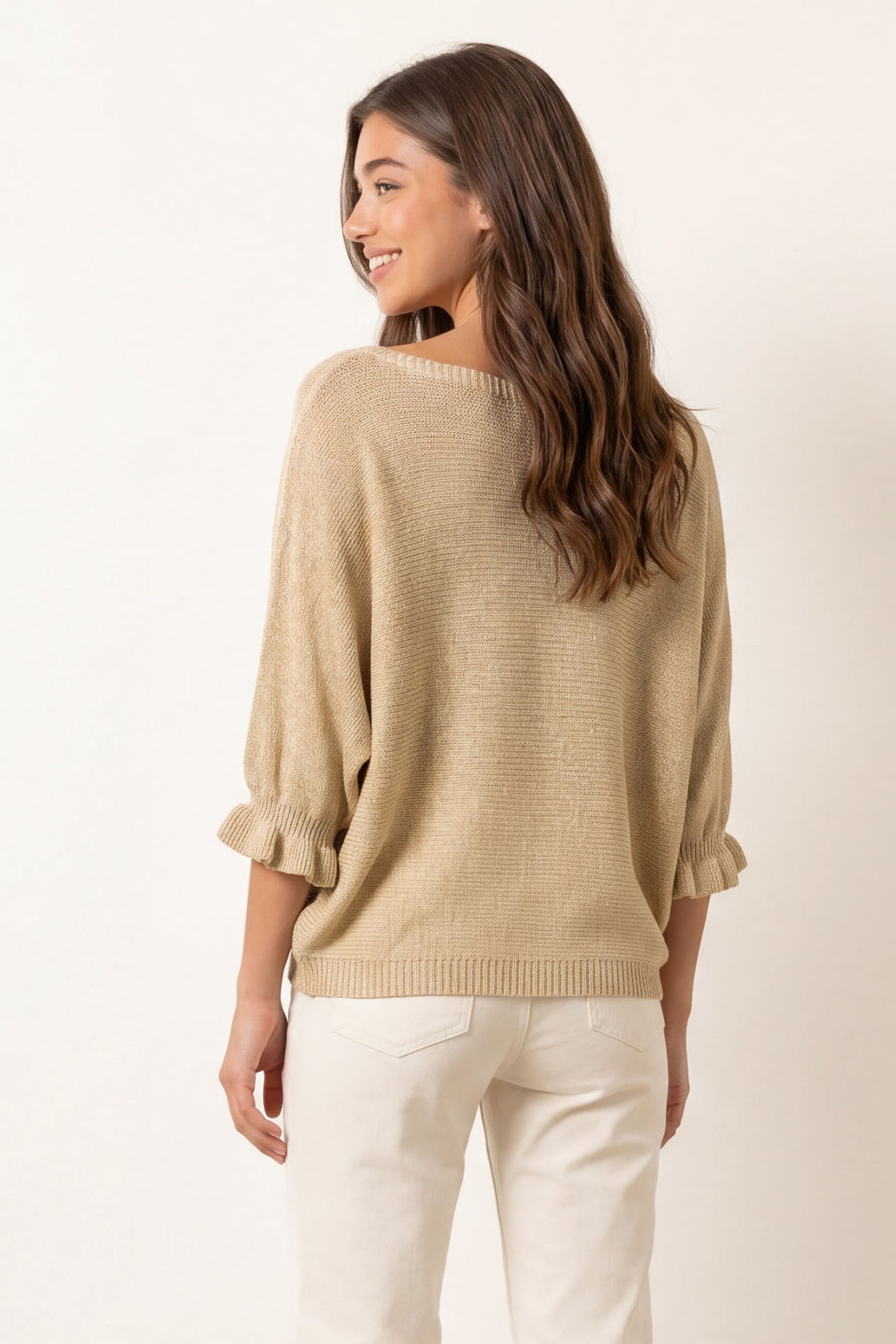 Blue Vanilla Beige Frill Sleeve Metallic Top