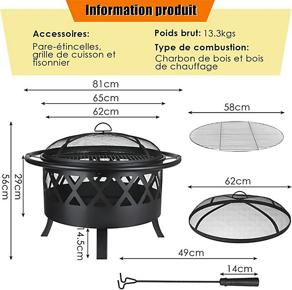 Brasero Noir de 81 cm Exterieur, Barbecue Jardin   Protection Anti-étincelles et Tisonnier,   Grille et Grande Capacité