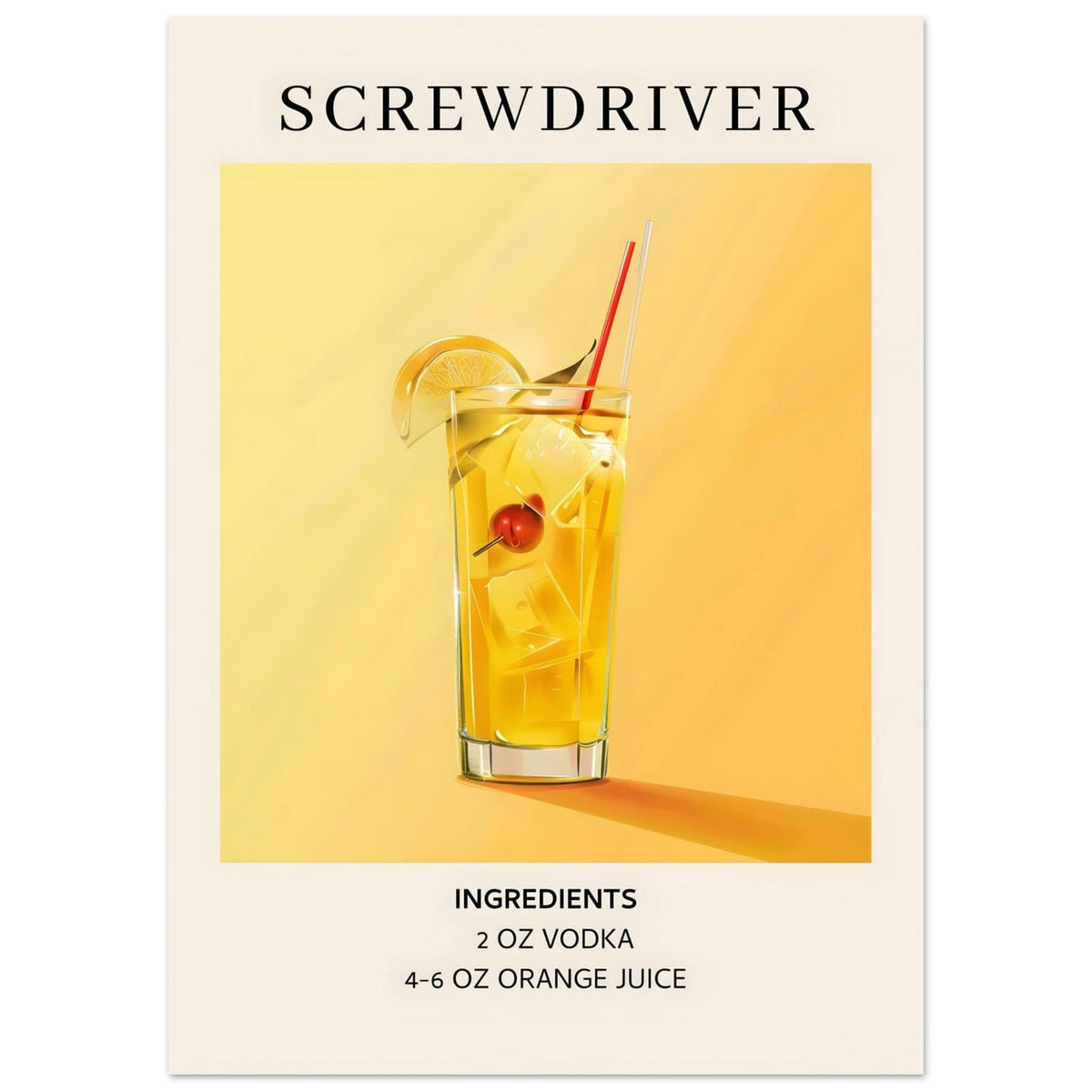 Artfulprints Poster Screwdriver cocktail - Ingrediënten  - 50x70 cm - Geel