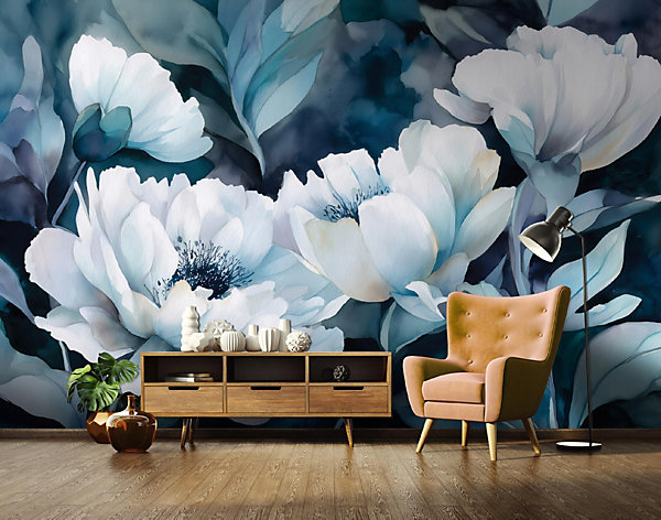 Papier Peint Panoramique Intissé Fleurs Abstrait Bleu - 300x210 cm - Papier Peint Chambre et salon