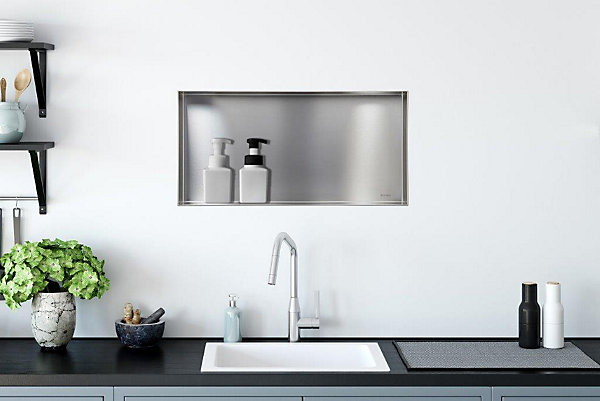 Balneo Niche murale de douche sans rebords 60x30x10cm, étagère encastrable douche acier inox, finition brossée, WALL-BOX No Rim