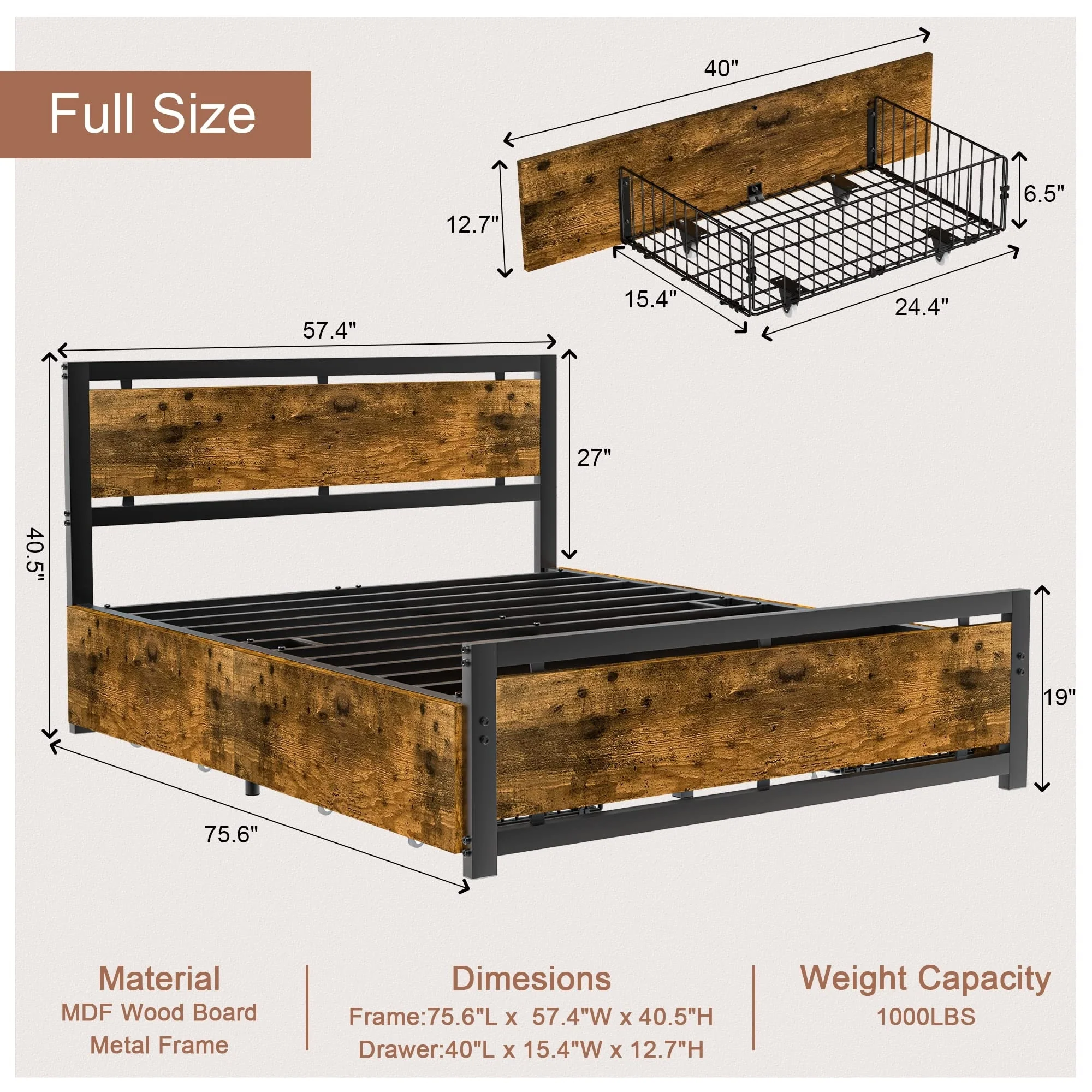 Bed Frame with 4 Drawers Storage, Platform Bed Frame