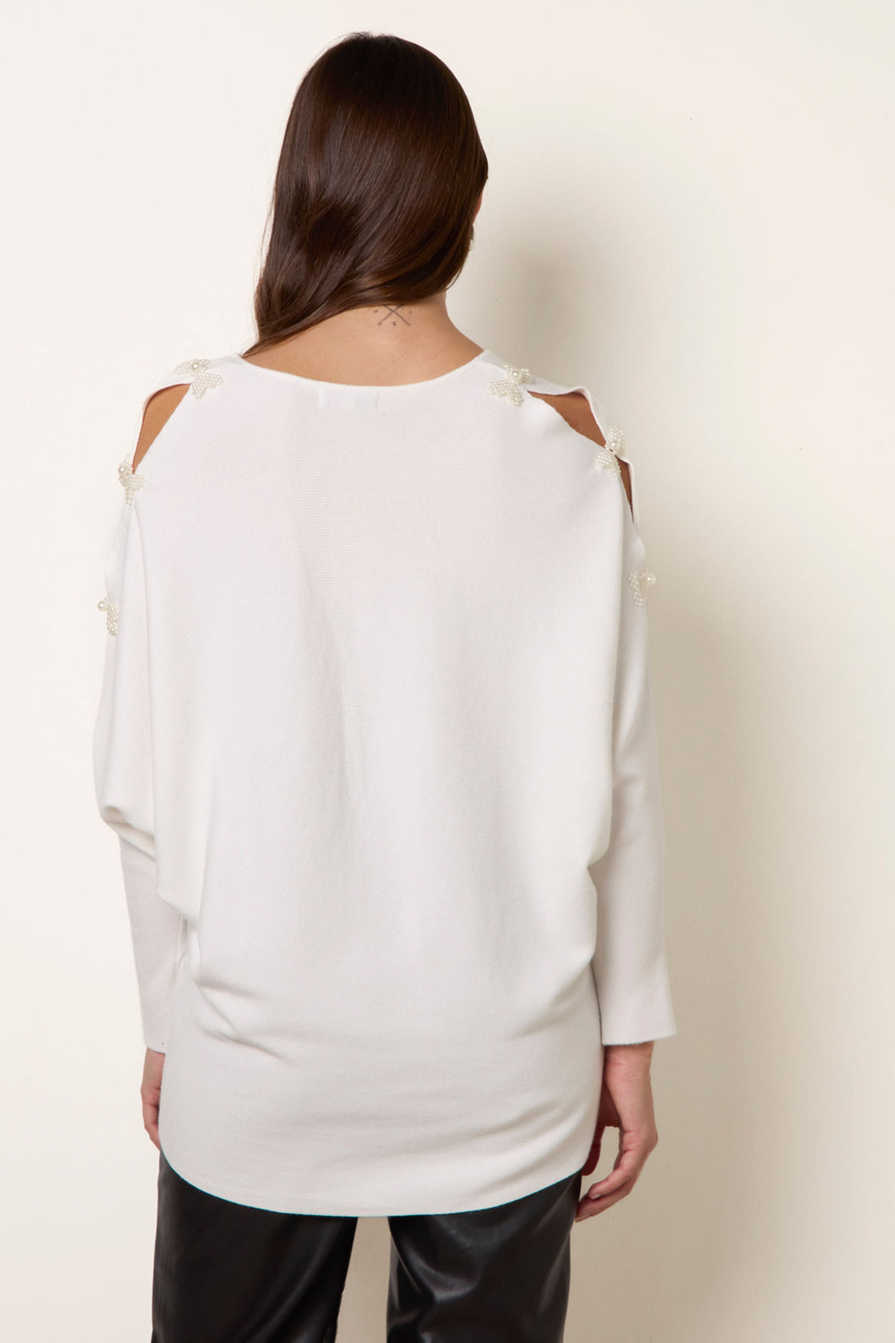Blue Vanilla Ivory V-Neck Batwing Shoulder Pearl Detailing Jumper