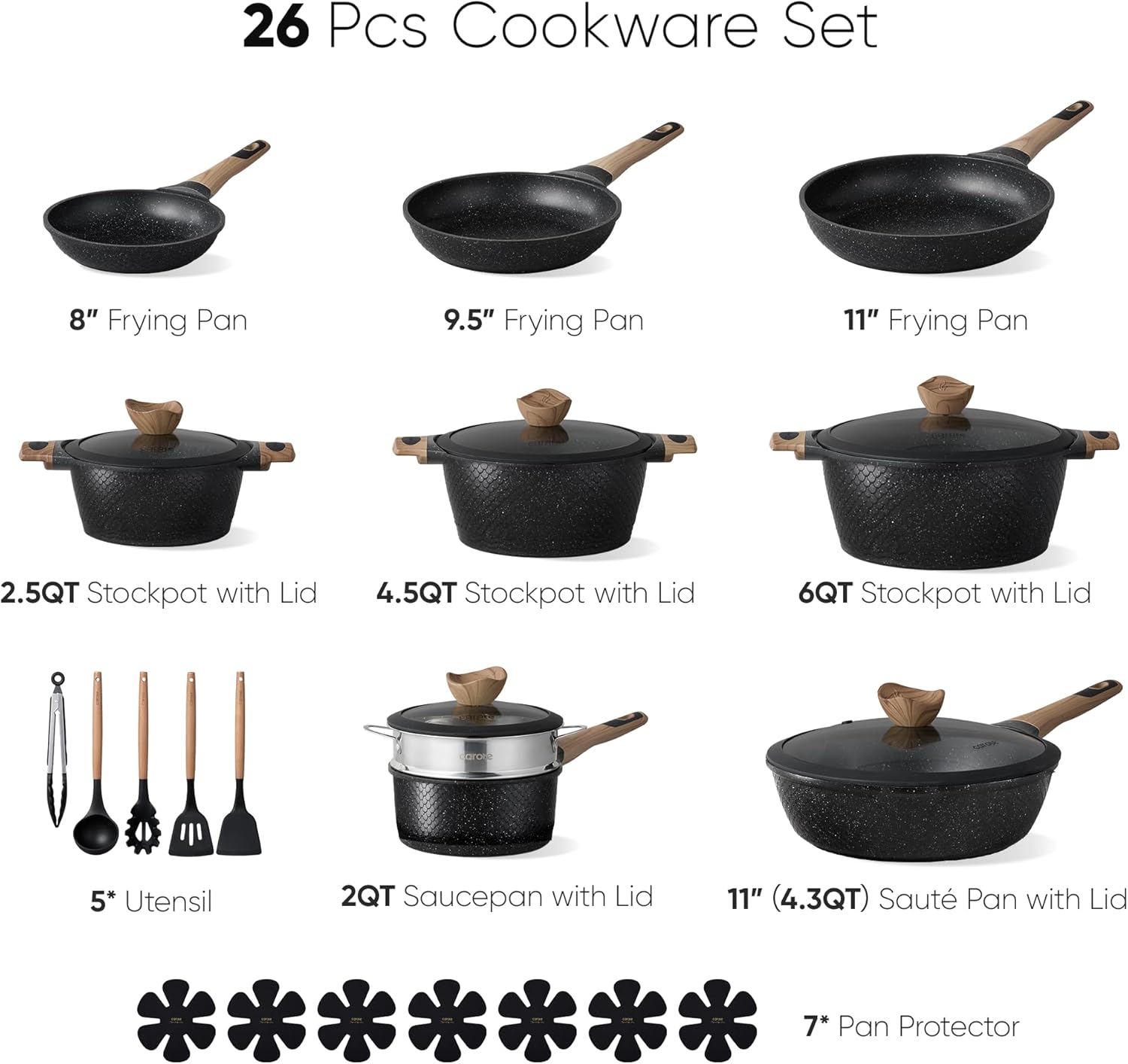 CAROTE 26PCS Pots and Pans Set Non Stick, Cookware Set Pots and Pans Induction Cook Ware, Nonstick Kitchen Cooking, PFOA Free, Black